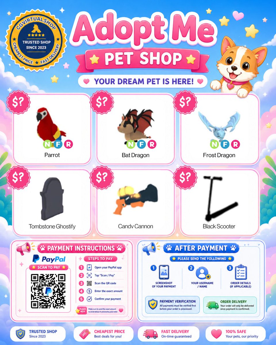 AdoptmeStore's tweet photo. Selling my RARE pets 🐉, cool toys 🎁 &amp; vehicles 🚗 some are LIMITED &amp; HARD TO FIND 👀

💸 Drop your price or BID in the comments!
📈 Highest/best offer gets it
⚡ First come, first served don’t be late!
🎯 MENTION YOUR FRIENDS &amp; FOLLOW ME to get your DISCOUNT

#ADOPTME https://t.co/XuTNL84nWJ