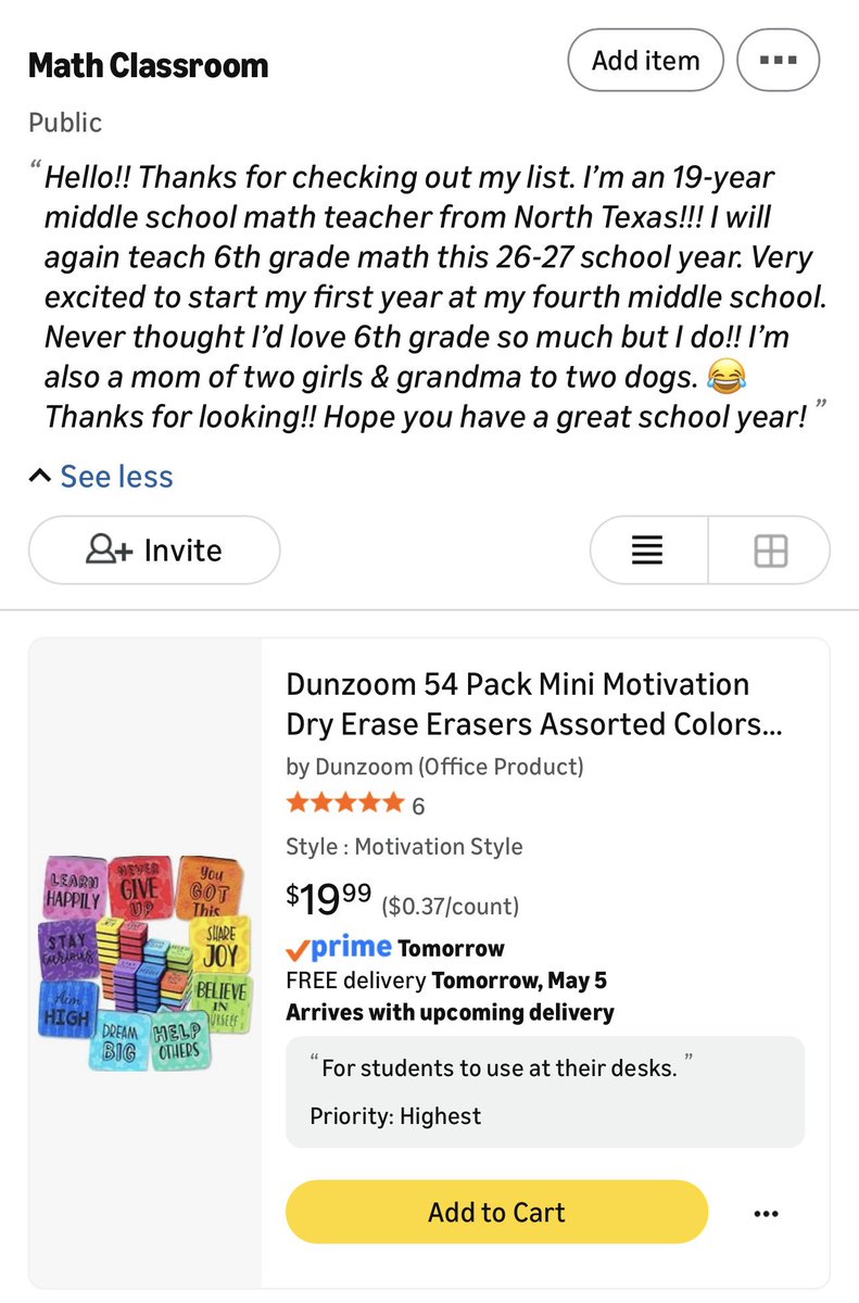 kridijuly4's tweet image. Hello!! Thank you so much for a place to share. 

👋🏼I’m Kristi
✏️6th grade math
♥️ Year 18
♠️ North Texas
♣️ 1st year at 4th school/district
♦️3 double-blocked classes

$120 to #clearthelist
amazon.com/hz/wishlist/ls…