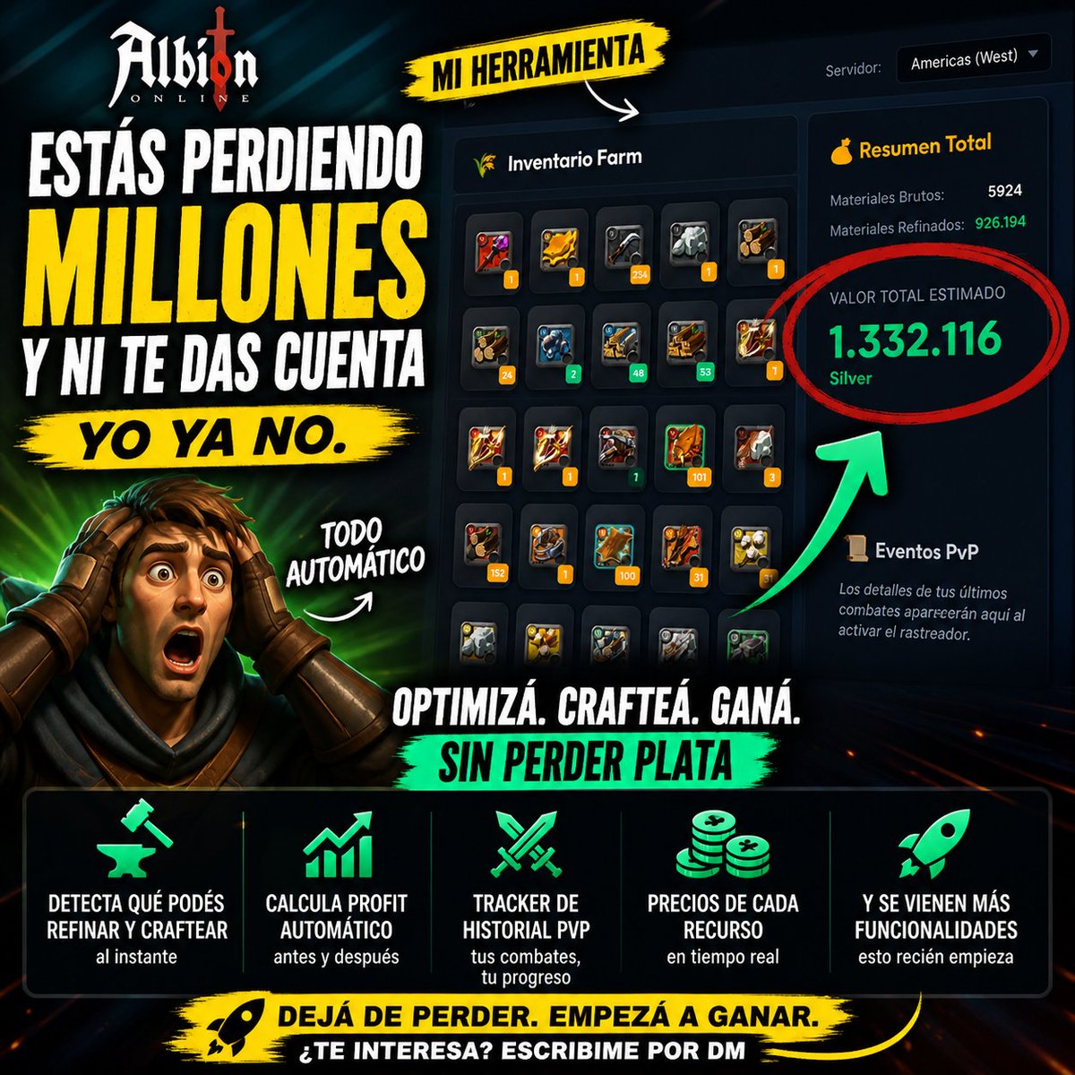 BrucelyDe's tweet photo. Me hice mi propia herramienta:
→ Registrás TODO tu inventario
→ Detecta automáticamente qué podés refinar/craftear
→ Calcula profit al instante💰
→ Trackea tu historial PvP
→ Ve precios de cada recurso en tiempo real
Si jugás Albion y querés dejar de perder plata, hablame 👇 https://t.co/Qr3bebxhdp