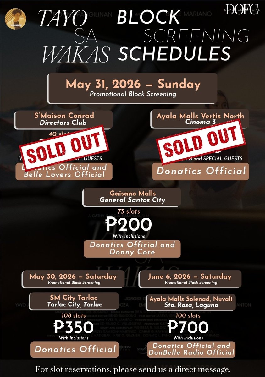 Our Ayala Malls Vertis North block screening is officially SOLD OUT. Thank you for the overwhelming love and support! ✨️

Limited slots are still available for our provincial block screenings. Don’t miss your chance—secure your seats now.

#TayoSaWakas #DonBelle