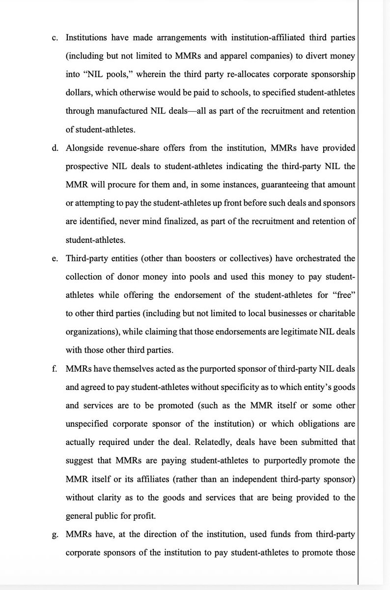 RossDellenger's tweet photo. Defendants of the House settlement - NCAA and power conferences - filed a joint response to plaintiffs attorneys’ challenge that the CSC is violating the settlement by rejecting certain NIL deals, especially those tied to MMR partners.

Bryan Seeley declaration was attached. https://t.co/pslMAsHBAL