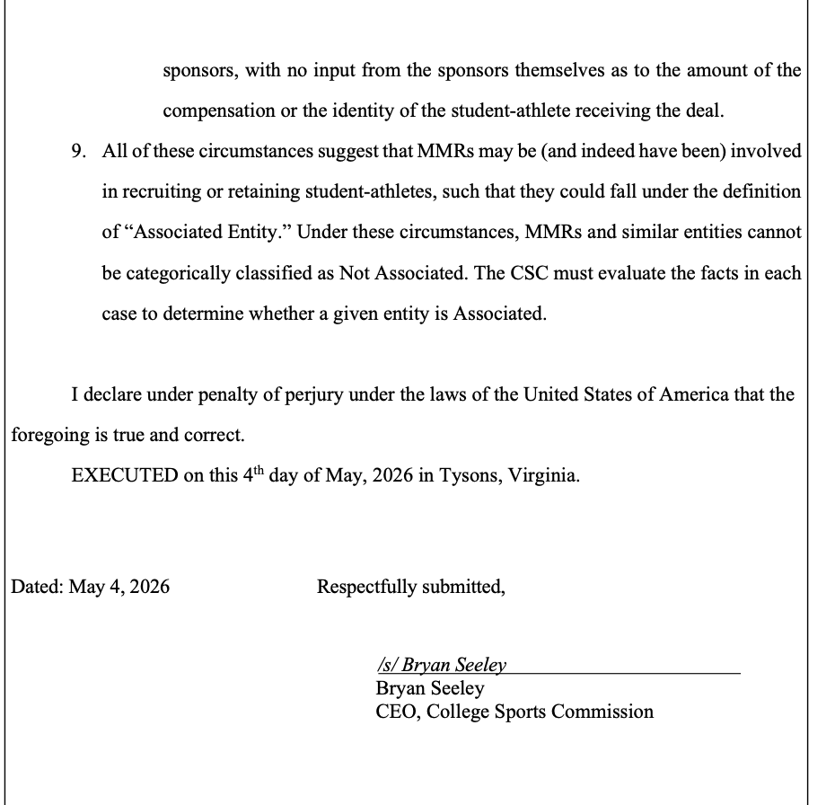 RossDellenger's tweet photo. Defendants of the House settlement - NCAA and power conferences - filed a joint response to plaintiffs attorneys’ challenge that the CSC is violating the settlement by rejecting certain NIL deals, especially those tied to MMR partners.

Bryan Seeley declaration was attached. https://t.co/pslMAsHBAL