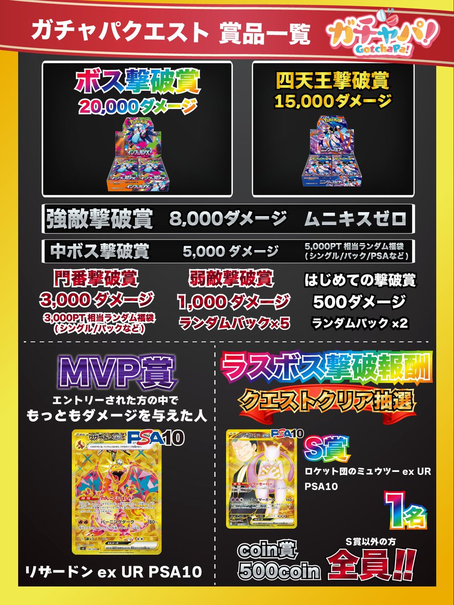 GotchaPa_online's tweet photo. 【フォロー・リポスト・いいねでプレゼント🎁】
-----------------------------------------------------
【✨本日開催✨】

5/5(火) 12:00 - 5/8(金) 12:00
72時間限定開催
https://t.co/Zr47R8tNuT
【⚔ガチャパクエスト-GOLDEN-⚔】
1人50回限定
今回も 【攻撃必中＆高火力確率 大幅UP↑↑】バージョンです🔥

※必ずガチャ詳細上部の注意書きをお読み下さい 
制限時間以内にダメージを与えまくれ
攻撃カードを沢山集めて対象賞品ゲット！

【撃破報告ポスト】
ガチャを回して500ダメージ以上を与えたら 
#ガチャパクエスト をつけて、獲得したこうげきアイテムをスクリーンショットしてリプライするとエントリー完了！
※画面に映らない場合は全てのアイテムではなく、一部でも大丈夫です。 
※配送期限が映るよう撮影をお願いします。

今回はエントリーされた方の中から最もダメージを与えた方にMVP賞(リザードンex UR PSA10)があります👑

そして、ガチャ完売＝ラスボス撃破時 には
エントリーされた方全員に追加報酬が発生！
🌈S賞(ロケット団のミュウツーex UR PSA10)🌈
詳細は画像をチェック👆

※対象賞品を発送希望の方は、必ず獲得したこうげきアイテムをまとめて発送依頼をして下さい。  
賞品獲得は一度きりの為、数日に渡り分割して発送依頼された場合は無効となります。 
ポイントに変換された場合も無効となります。
-----------------------------------------------------
こちらのポストをリポスト・いいねしていただいた方から抽選で１名様に1000coinクーポンをプレゼントいたします！    〆5/8(金) 23:59