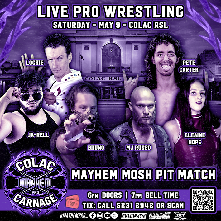 MayhemPro_'s tweet image. ⛓️ COLAC CARNAGE⛓️‍

In just 4 days time, we have a 6-Way Mayhem Mosh Pit Match!!

@lockiem15 v @JarrellPW v
@TheKodiakBruno v @petecarter_pw v
@MJRussopro v @eleaine_hope 
  
📅 May 9
📍 Colac RSL
🔔 7pm
🎟️ tinyurl.com/colaccarnage

#prowrestling #wrestling #colac