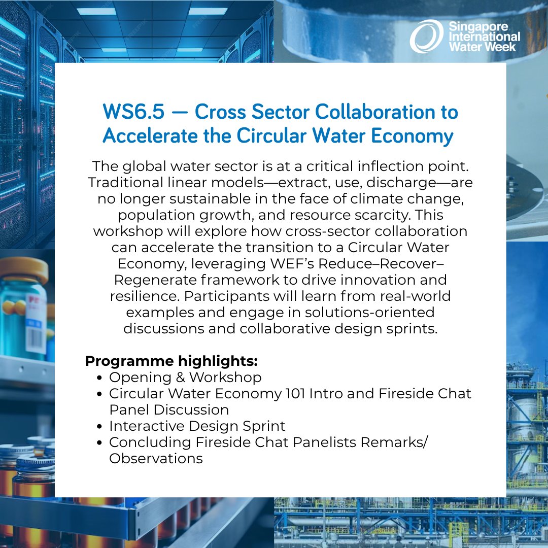 WaterWeekSG's tweet photo. 💧 We’re excited to spotlight the workshops under Theme 6: Nexus &amp; Resource Circularity at the SIWW2026 Water Convention.  

📖View the Water Convention Advance Programme: https://t.co/WJ6uWi4Hxg 

🎟️Register as a SIWW2026 delegate: https://t.co/kBmyeFh9RR https://t.co/I3afyO1OWy