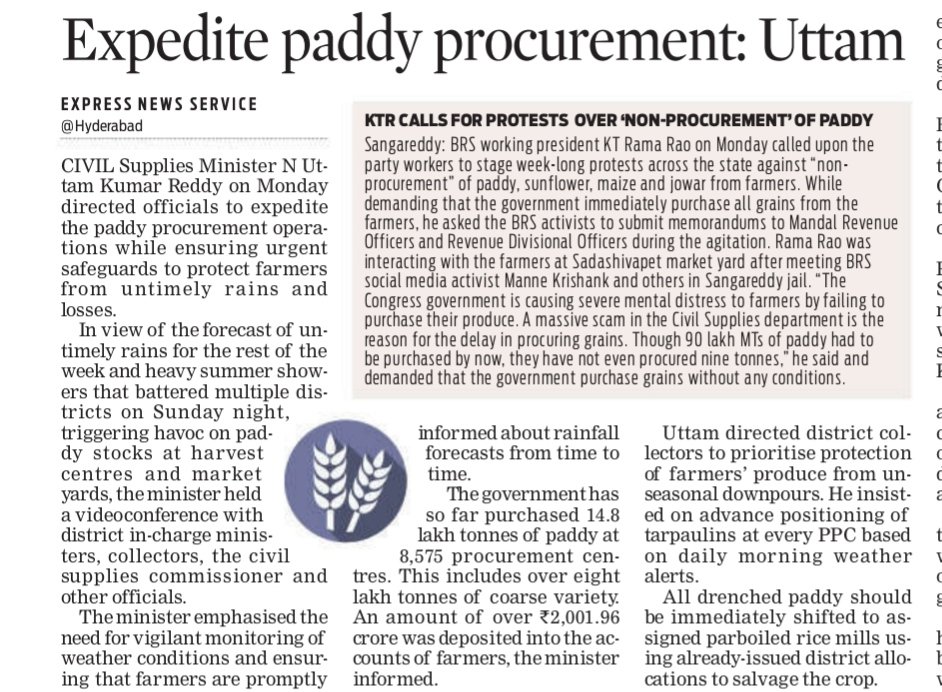 revanthannanews's tweet image. 🔔Uttam orders faster paddy procurement amid rains
🔹 @UttamINC pushes scaling up MSP operations
🔹Focus on protecting farmers’ produce from unseasonal rains
🔹₹2,000+ cr already credited, centres fully operational
#Telangana #Agriculture
@DeccanChronicle @the_hindu