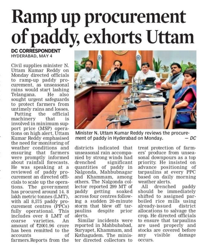revanthannanews's tweet image. 🔔Uttam orders faster paddy procurement amid rains
🔹 @UttamINC pushes scaling up MSP operations
🔹Focus on protecting farmers’ produce from unseasonal rains
🔹₹2,000+ cr already credited, centres fully operational
#Telangana #Agriculture
@DeccanChronicle @the_hindu