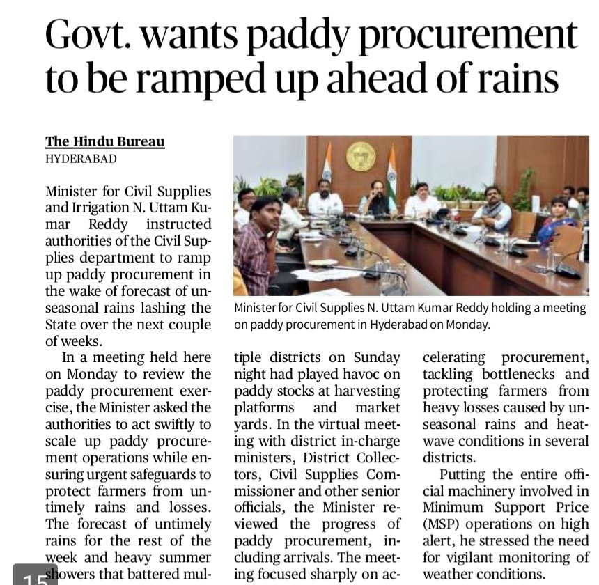 revanthannanews's tweet image. 🔔Uttam orders faster paddy procurement amid rains
🔹 @UttamINC pushes scaling up MSP operations
🔹Focus on protecting farmers’ produce from unseasonal rains
🔹₹2,000+ cr already credited, centres fully operational
#Telangana #Agriculture
@DeccanChronicle @the_hindu