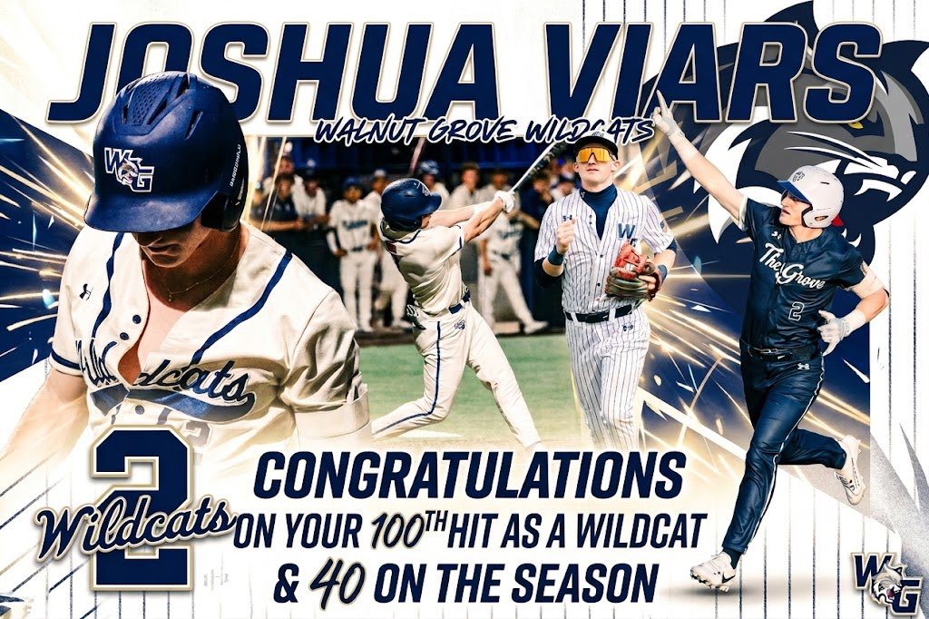 Baseball_WGHS's tweet photo. Not many times do you get to celebrate multiple records and milestones together with an invitation to the All Star Game but today we got to do that for our Big Red Joshua Viars. 

Joshua is writing the offensive hit record book surpassing the 100 hit mark at Walnut Grove in just 3 years and also eclipsed the 40 hit mark on the season breaking his own record.

Viars also received news today that he will be representing his brothers, coaches, school and family in the 2026 @thsbcaStar All Star Game in June!

We are very proud of you @JoshuaViars and look forward to you adding to those records! 

#WeOverMe
#RTB
#BACB