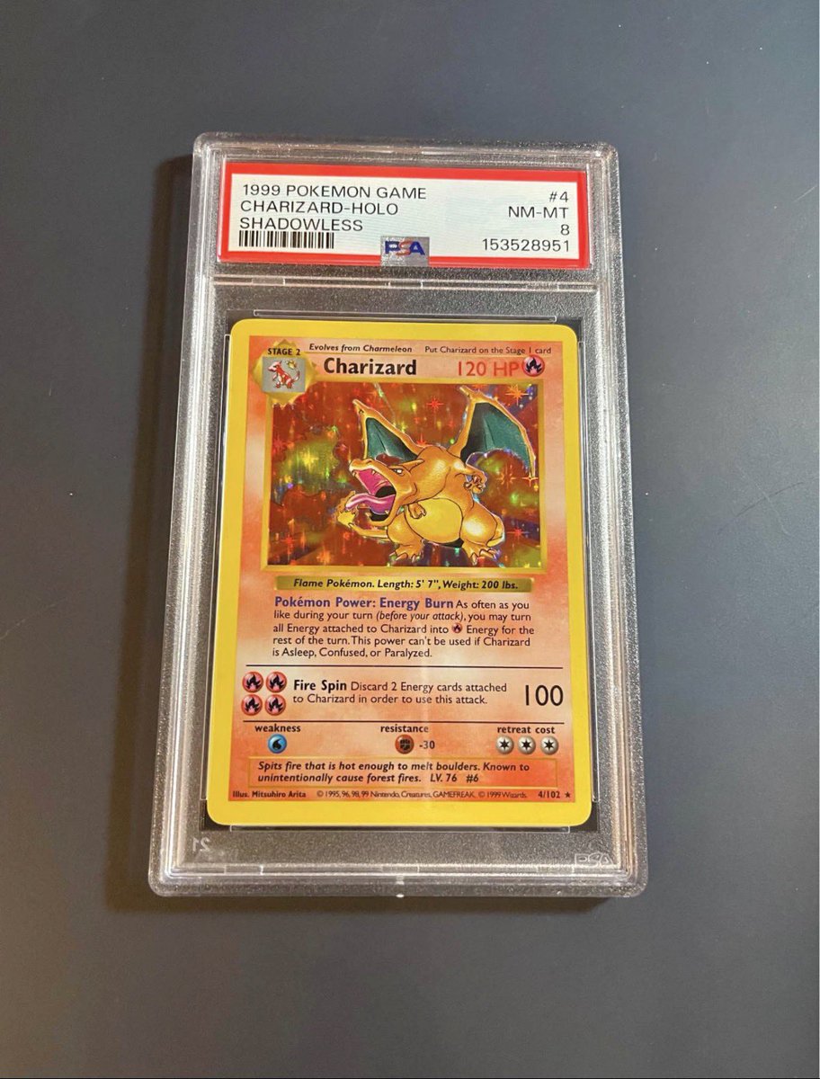 visual_magnum's tweet photo. Selling my 1999 Pokémon Charizard Holo (Shadowless) – PSA 8 🔥

• Original Base Set  
• Professionally graded  
• Near Mint–Mint condition  
• Serious collector’s item  

Taking serious offers 💰  

DM for details &amp; more pics 📩  
#PokemonCards #Charizard #TCG #ForSale https://t.co/lhQ6dK2ECt