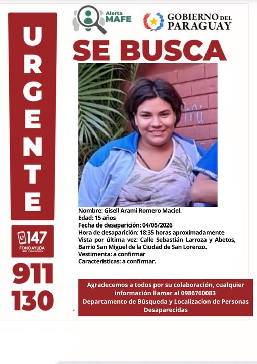 📷Ante cualquier información, contactar con el Departamento Especializado en Búsqueda y Localización de Personas Desaparecidas al 130 o al 911 de la Policía Nacional del Paraguay.
<a href="/MDI_Paraguay/">Ministerio del Interior - Paraguay</a>