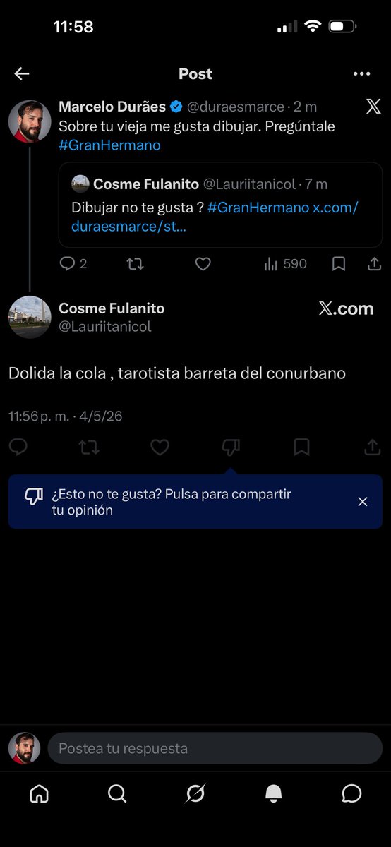 Si, así le queda la cola a tu vieja <a href="/Lauriitanicol/">Cosme Fulanito</a> #GranHermano