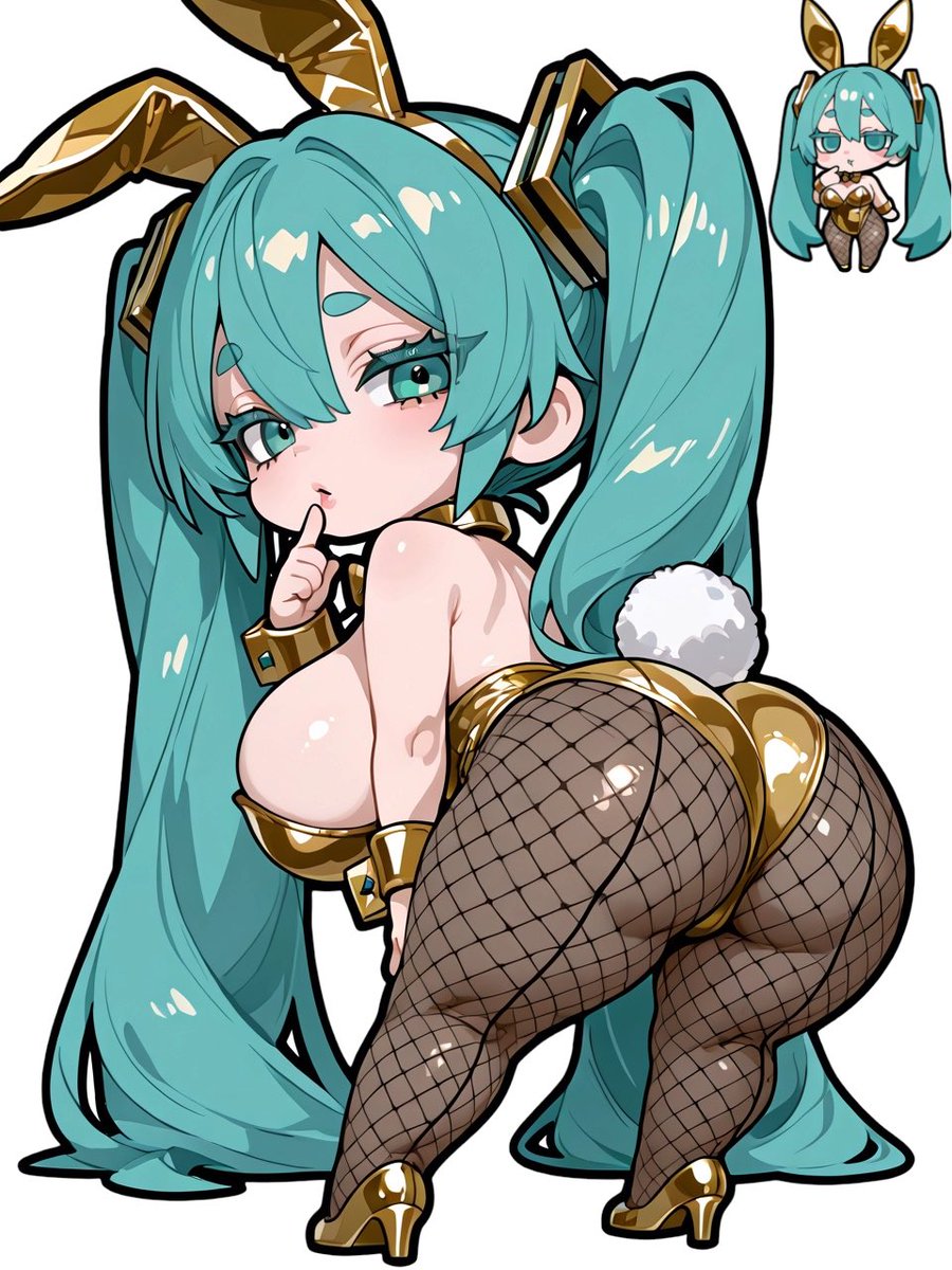 largebreaster's tweet photo. prompt
masterpiece, best quality, kawaii, chibi, thick black outline, from behind, 1girl, big head, large breasts, wide hips, turquoise twintails, shiny gold bunny girl outfit, butt out, finger to lips, looking back, half closed eyes, white background

#hatsunemiku #aiart https://t.co/bIU3NV53LD