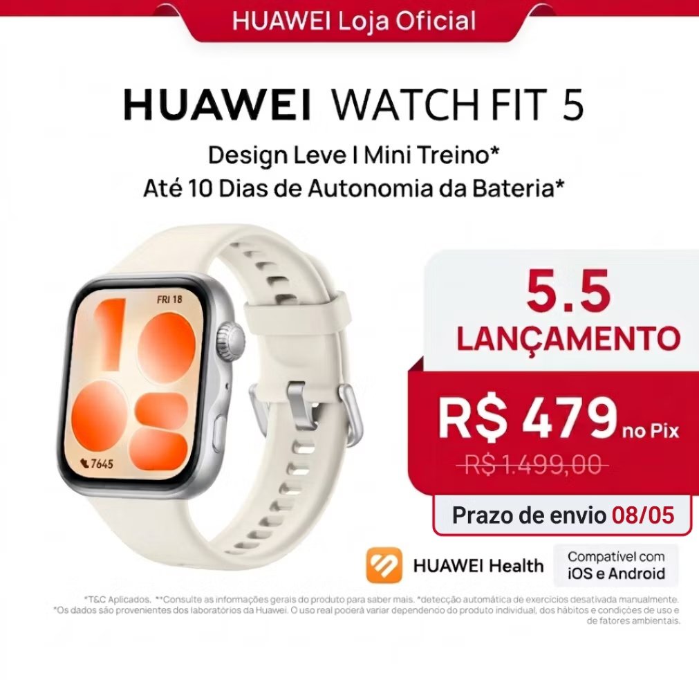 enricodejesussl's tweet image. 🚨 Huawei Watch Fit 5
Tela AMOLED 1,82",2500 nits (ótima no sol), GPS, 64GB, música sem o celular + até 10 dias de 🔋

💵 R$424 no Pix 🤑 

🎟️ Cupom de R$ 50 aqui 👇
s.shopee.com.br/5L8UkqRb2E

🔗Fit 5 👇
 s.shopee.com.br/30kULxWwAh

#HuaweiFit5  #Smartwatch #ciclismo #corrida