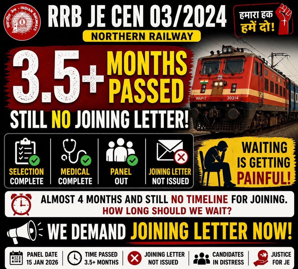 GESWA_BIHAR's tweet photo. #Railway #RRBCDG @RailwayNorthern
RRB JE CEN 03/2024 (15 Jan panel) candidates have been waiting for almost 4 months without any official timeline for joining.
Requesting early resolution of this delay.
@RailMinIndia
#RRBJE #JoiningDelay
@AshwiniVaishnaw
@GM_NRly
@drm_dli https://t.co/QQdeTkeqGy