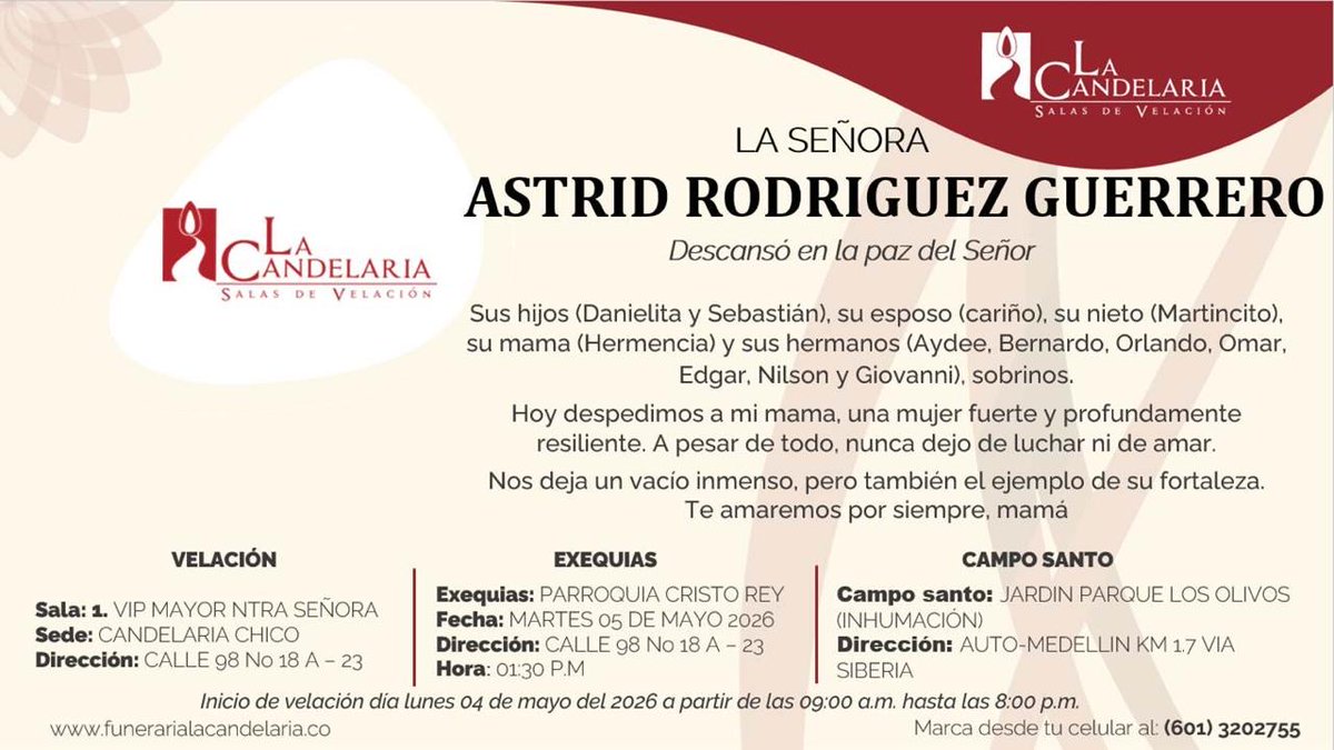Mi sentido pésame al compañero Orlando Rodríguez por la muerte de su hermana Astrid.

Ad astram