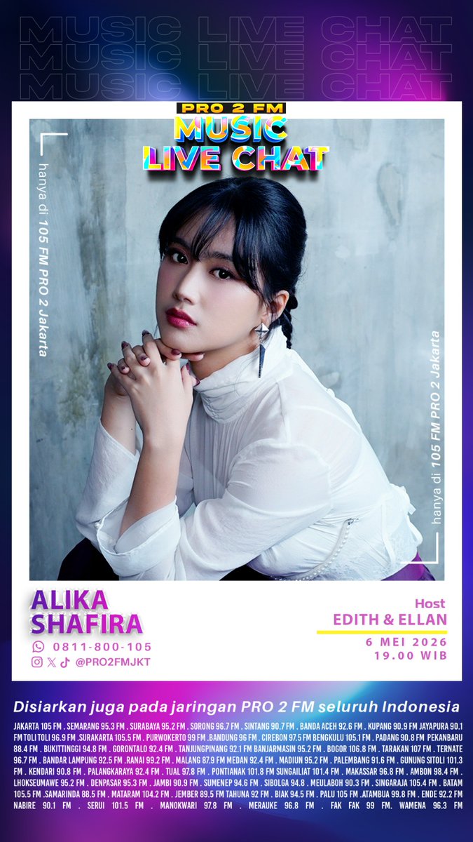MDGco_'s tweet photo. Alika Shafira @alikashafiraaa akan ngobrol-ngobrol nih di @PRO2FMJKT besok, 6 Mei 2026 👀 Penasaran gak sih akan ngobrolin apa aja? Jangan sampai ketinggalan yaa! Pasang alarmnya🫵 https://t.co/IYGC6OQlvr