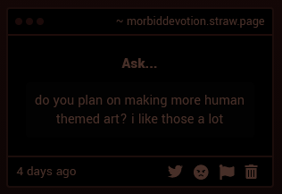 morbiddevotion's tweet photo. its very encouraging to hear that <3 i feel like my humans are pretty behind compared to my anthros lol. i plan to keep trying to improve at drawing humans so you will continue to see them posted to @fleshfrond https://t.co/ImXaKToalN