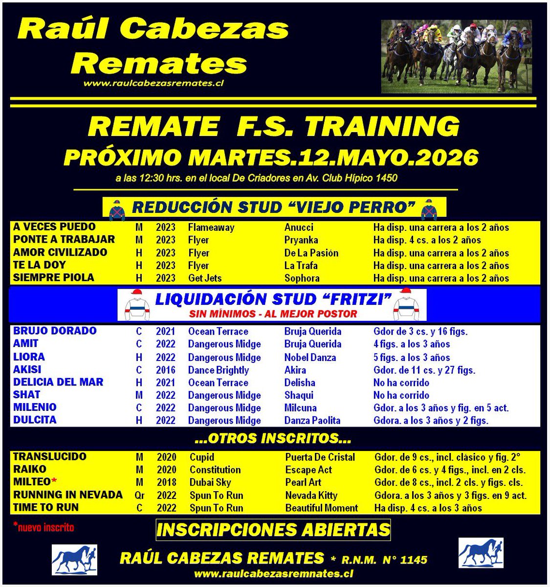 RCRemates's tweet photo. [Actualizado] Inscritos Remate en Training: Martes 12 de mayo a las 12:30 en el Local de Criadores (Club Hípico 1450, Santiago). #RCRemates

INSCRIPCIONES ABIERTAS 🔴 SIN MÍNIMOS - AL MEJOR POSTOR. https://t.co/zw4Chd5TH8 https://t.co/BDSjccysny