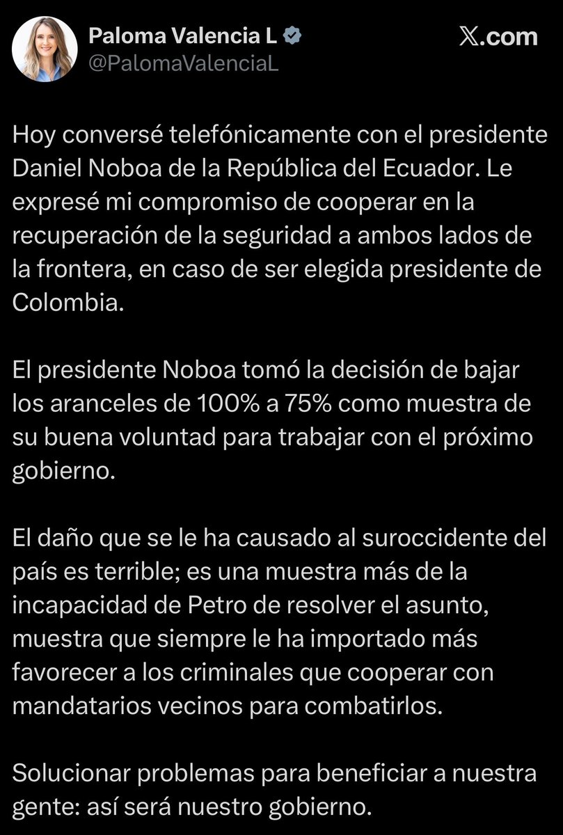 Hubo 23 atentados en un solo fin de semana. Acto seguido, Paloma Valencia propone a Álvaro Uribe Vélez como ministro de Defensa.

Luego, se conoce que Uribe viajó a Ecuador para reunirse con Daniel Noboa y plantear aranceles del 100% a Colombia. Y ahora, Paloma Valencia asegura