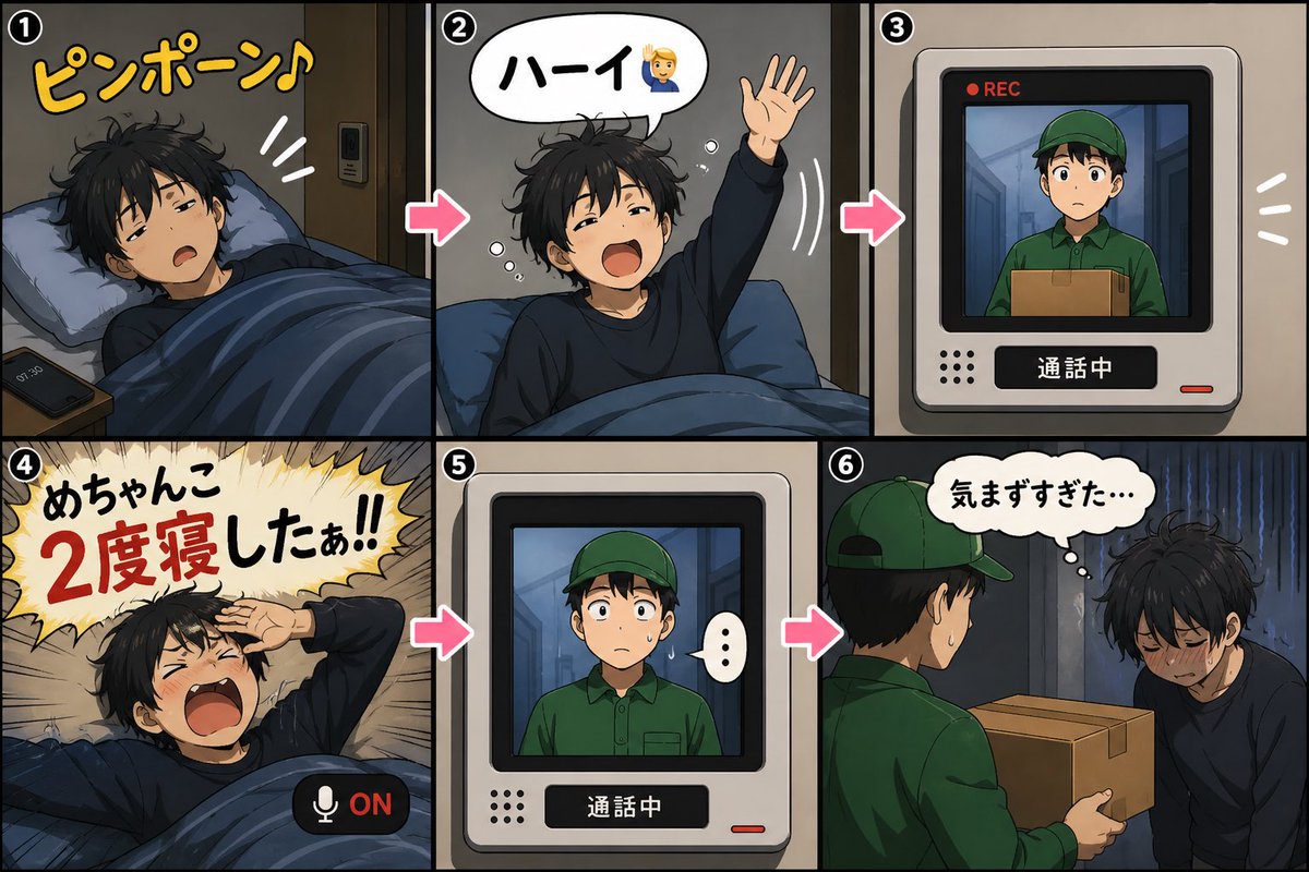 Homarey7's tweet photo. 宅配で起こされて「ハーイ🙋」
↓
その直後インターホンマイクONのまま
「めちゃんこ2度寝したぁ！！」と絶叫する🎙️
↓
受け取り、地獄の空気…
↓
穴があったら入りたい（←今ここ）

そういう事たまにあるよね？笑 https://t.co/v52GhpFiiN
