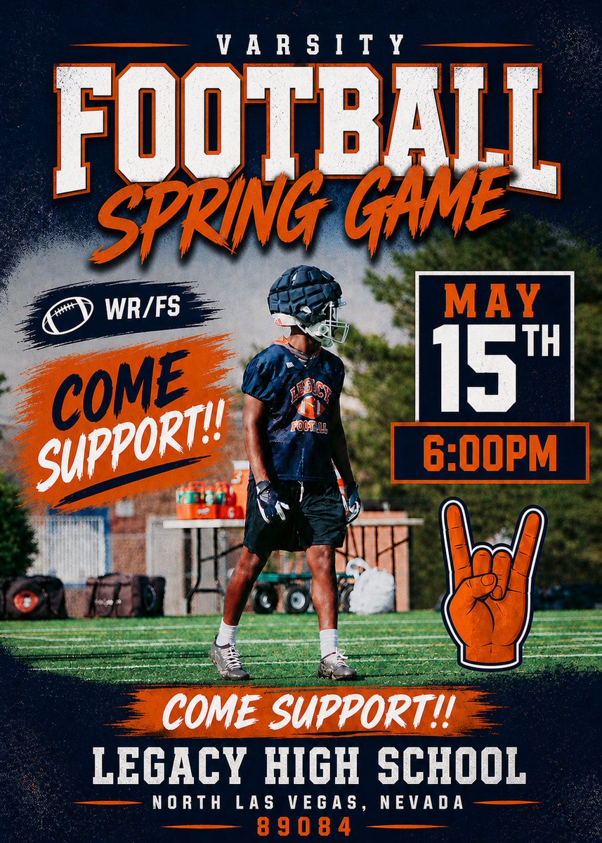 JaidenSwanson14's tweet photo. Hey Coaches ! We're having our spring game at Legacy High School on May 15th at 6:00PM, I will love for you to watch me and My teammates compete. #Blessed 

@PrepRedzoneNV @RockPerkins52 @Scout_ScottC @LL7NV @nevadapreps  @RealEdRankin  @ttherzog
@recruitvegas @LegacyHornsFB https://t.co/XQMAfuBHJF