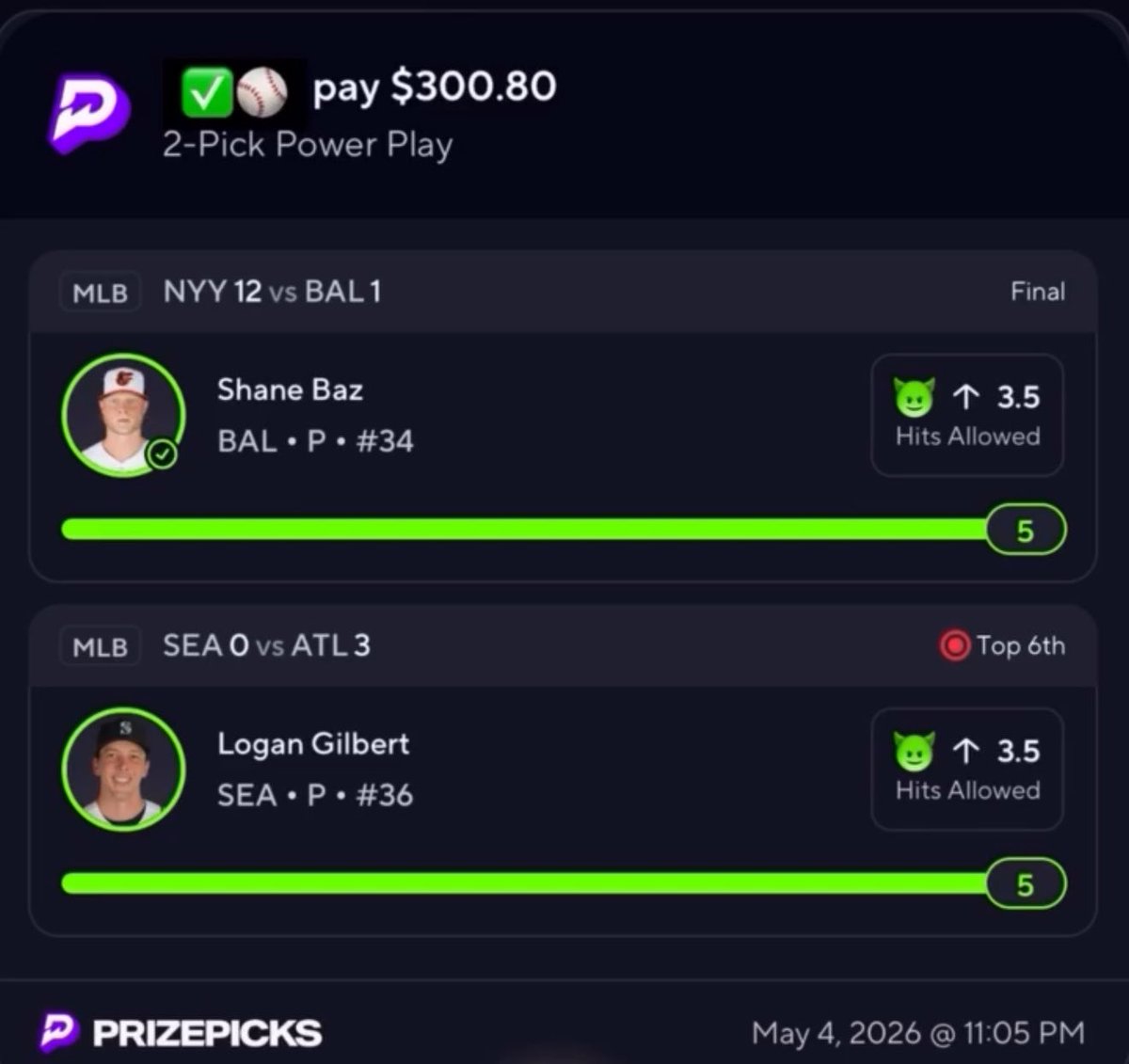 JowayPicks's tweet photo. Good night 🫡🙌🏾✌🏾 @Jowaypicks #Jowaypicks @prizepicks #Prizepicks @mlb #Mlb @Braves @Yankees  @Mariners @Orioles  CASH IT ✅🥂 https://t.co/ONiBdQ3xME