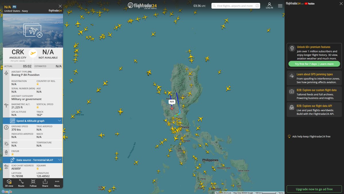 AIYeyENGDdJkjTr's tweet image. May 5, 2026
#Clark Air Base, Philippines ==&amp;gt; #South China Sea

#NoCALLSIGN #AE685F USN P-8A Poseidon