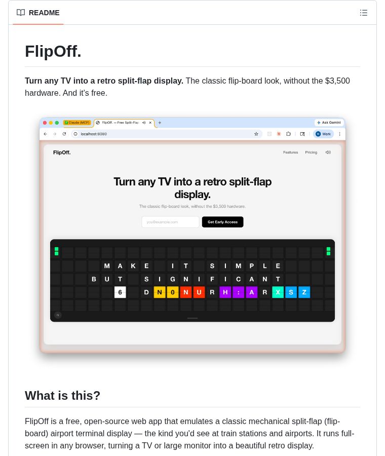 chenzeling4's tweet image. FlipOff: Free split-flap display emulator for any TV. Classic airport flip-board look, no expensive hardware. Realistic animation, authentic clacking sound. Vanilla HTML/CSS/JS, no build tools. Just open and go. Offline-ready. By magnum6actual.

2,854 stars
#WebDev #Retro