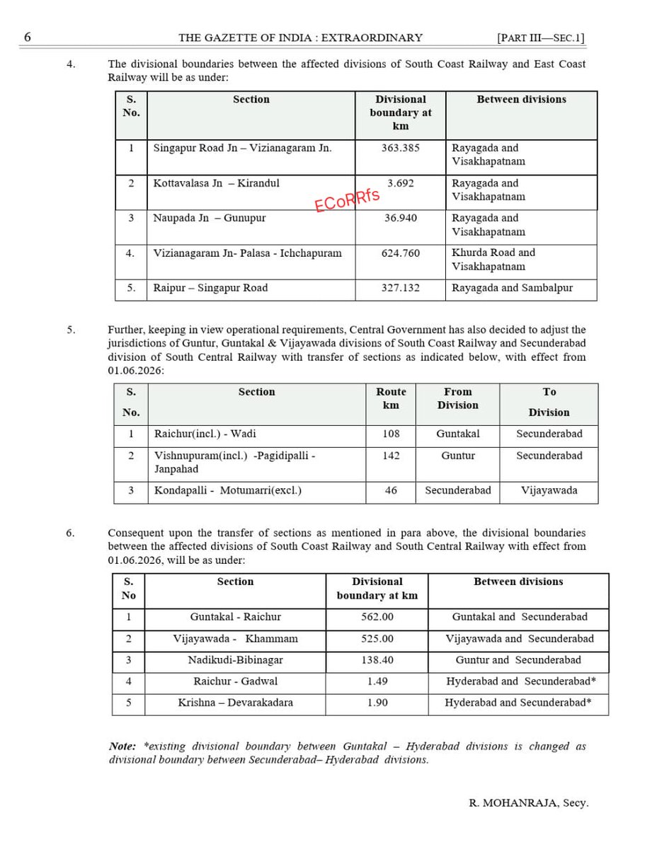 ecor_railfans's tweet image. Gazette Notification issued by the Central Government hereby constitutes a new Zonal Railway namely #SouthCoastRailway HQ at #Visakhapatnam, out of the existing #EastCoastRailway &amp;amp; #SouthCentralRailway zones, along with #RayagadaDivision W.E.F 01.06.2026

#IndianRailways