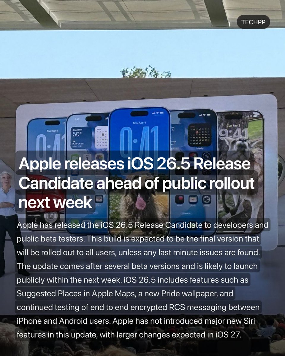 techpp's tweet image. Apple releases iOS 26.5 Release Candidate ahead of public rollout next week

#Apple #iPhone #iOS #Android #Launch #Update #iOS265 #TechNews