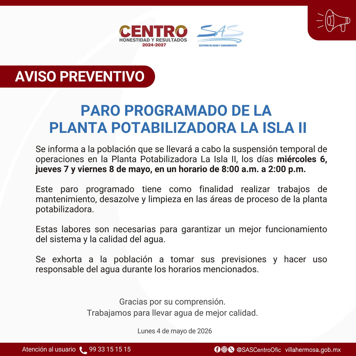 SASCentroOfic's tweet photo. 🟡 Aviso preventivo
La Planta Potabilizadora La Isla II estará fuera de servicio los días 6, 7 y 8 de mayo, de 8:00 a.m. a 2:00 p.m., por trabajos de mantenimiento.
Agradecemos su comprensión y les pedimos usar el agua de manera responsable.
#AvisoSAS @CentroInforma https://t.co/8t7Um1V7oc