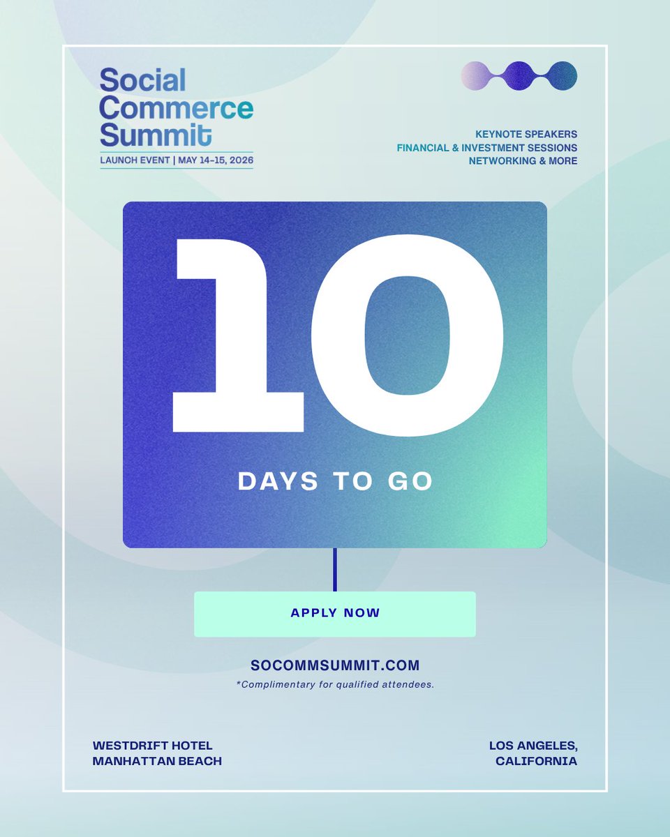 socomnews's tweet photo. 10 days until Social Commerce Summit.

80% capacity and filling fast.

Keynotes, financial &amp; investment sessions, networking, + senior-level conversations on what is actually driving social commerce growth now.

📅 May 14–15

Apply: https://t.co/0ZIUHiYWy5
#SocialCommerceSummit https://t.co/z1BMRSEuyV