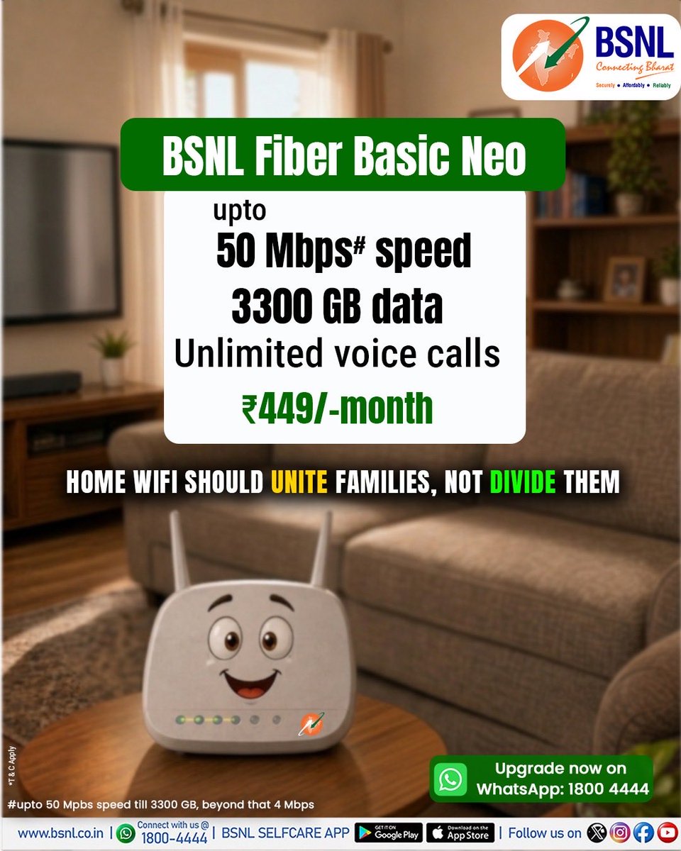 Ek ghar… 5 devices… aur WiFi ne haath utha diya.

Buffering, lag, frustration…
Family ek saath hote hue bhi disconnected 

But what if WiFi problem hi khatam ho jaaye?

Switch to BSNL FTTH — THE solution

* High Speed Internet
* Heavy Data
* Unlimited Calls

अब घर में नेटवर्क