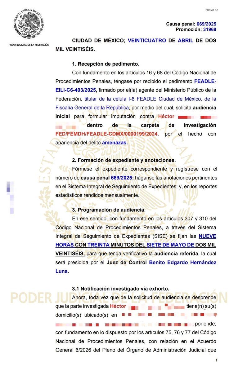 ivillasenor's tweet photo. Después de dos años de investigación y la integración de una carpeta de más de 1,680 páginas, la @FGRMexico ha reunido finalmente los elementos necesarios para citar a mi acosador y agresor, Héctor “N”, a audiencia inicial para la formulación de imputación.

Héctor “N”, quien públicamente se presenta como hacker “ético”, me ha atacado, amenazado de muerte y acosado desde abril de 2024, en múltiples ocasiones, tanto desde sus cuentas oficiales como a través de perfiles falsos.

Además, se han hallado antecedentes oficiales que llevaron a su detención por consumo de drogas, violencia contra una mujer y otros actos violentos.

De acuerdo con el análisis de la FGR, en particular de la Fiscalía Especial para la Atención de Delitos cometidos contra la Libertad de Expresión (FEADLE), sus conductas en mi contra vulneran directamente mi ejercicio periodístico.

La investigación es sólida y los hallazgos —de ninguna manera menores— serán expuestos en la audiencia, programada para el próximo jueves 7 de mayo.

Existe un interés público evidente en este caso, pues no es desconocida la forma en que opera este individuo.

Es momento de que enfrente las consecuencias de sus actos.