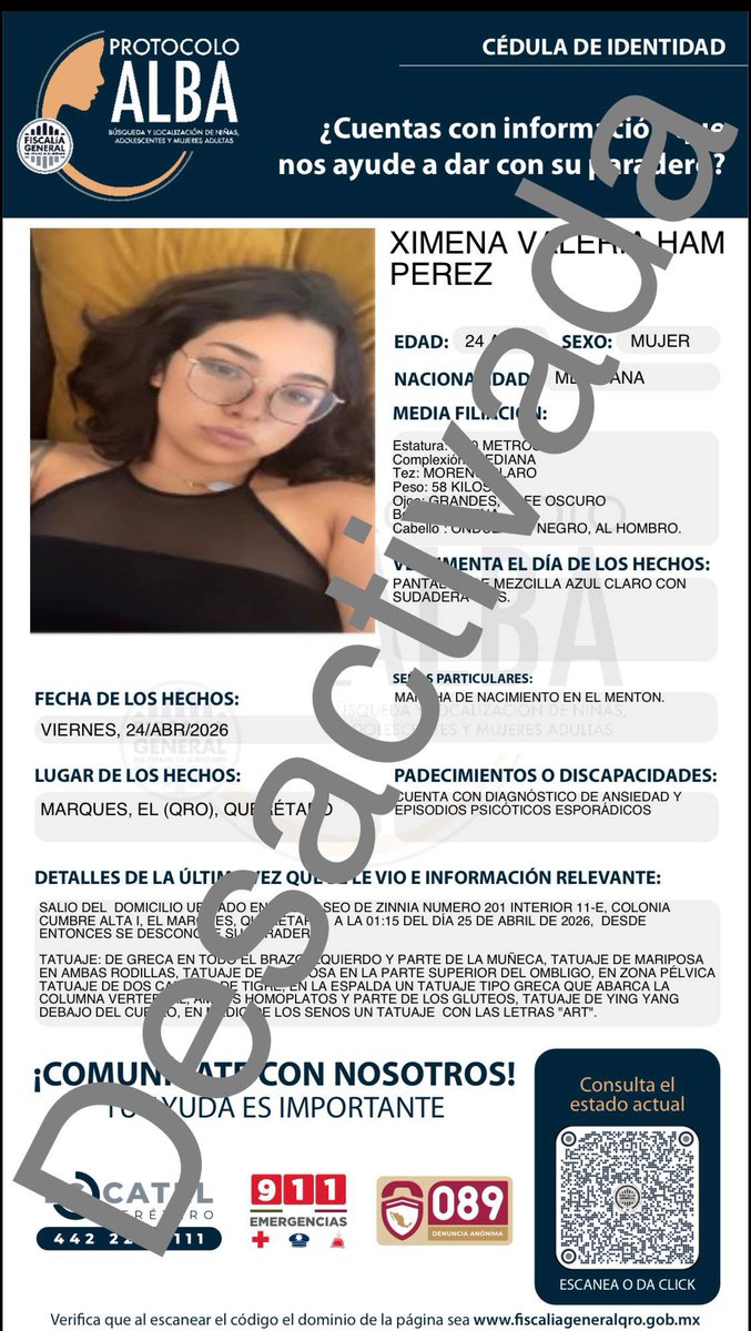 fiscaliaqro's tweet photo. # Protocolo ALBA Agradecemos a todas y todos los que se sumaron a esta red #Conectar.
Informamos que la cédula del protocolo Alba de XIMENA VALERIA HAM PÉREZ ha sido desactivada.
La Fiscalía General de Querétaro continua su búsqueda con la aplicación de otras herramientas y métodos de investigación.