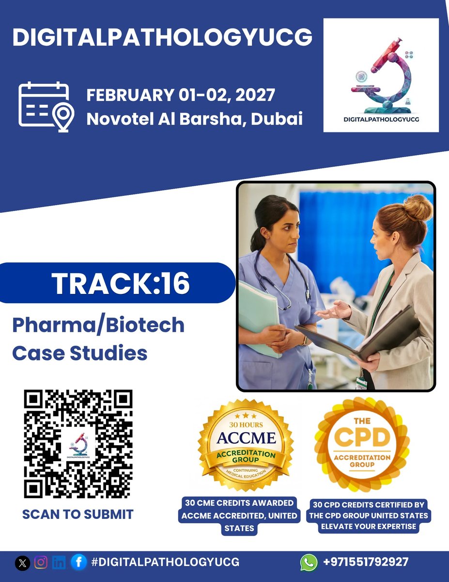 DrKhadijaAlAmi1's tweet image. Call for Abstracts 
 the 15th World Digital Pathology, Diagnostics &amp;amp; AI UCG Congress &amp;amp; Exhibition,February 01–02, 2027 at Dubai,UAE

Submit your abstract: …lpathology.utilitarianconferences.com/submit-abstract
WhatsApp: wa.me/+971551792927

#CallForAbstracts #PharmaBiotech #HealthcareInnovation