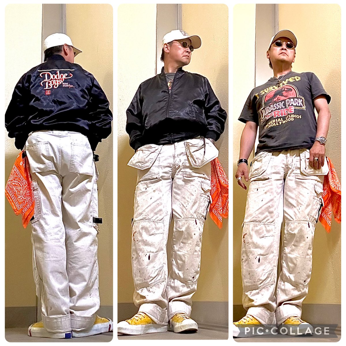 最初このカッコに
＃黒のニット帽被ったんだけど
＃ガラスぶち破って
＃高額ポケモンカード盗んでく
＃闇バイト強盗みがエグかったので
＃白いのに変えて落ち着いた🤣
＃ダッジのディーラーか修理工のサテンジャンパーは
＃想像以上に悪者偏差値が高いな😎
＃こーゆーのが好きなんだからしょうがないね
