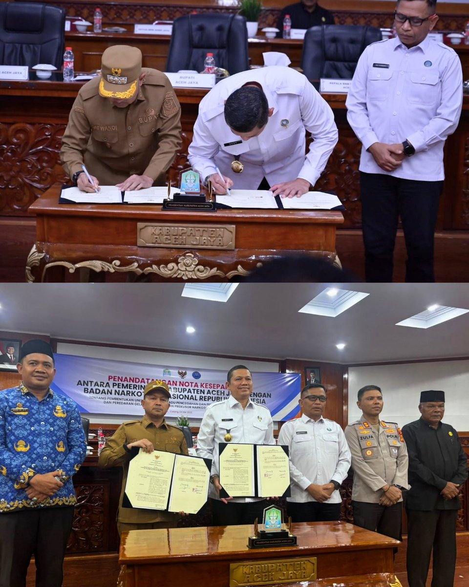 BnnAceh's tweet photo. BNNP Aceh bersama Pemkab Aceh Jaya resmi menandatangani Nota Kesepahaman (MoU) terkait pembentukan Unit Layanan Terpadu P4GN di Aula Setdakab Aceh Jaya.(4/5).

Sebagai dukungan konkret, Pemkab Aceh Jaya menyiapkan lahan seluas 1,5 hektare untuk pembangunan kantor BNNK.

@INFOBNN https://t.co/TkdmPCG1cb