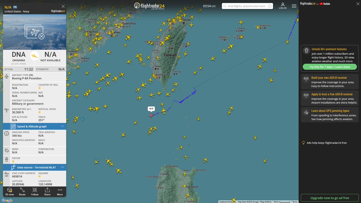AIYeyENGDdJkjTr's tweet image. May 5, 2026
#Okinawa Kadena Air Base ==&amp;gt; #South China Sea

#NoCALLSIGN #AE681A USN P-8A Poseidon