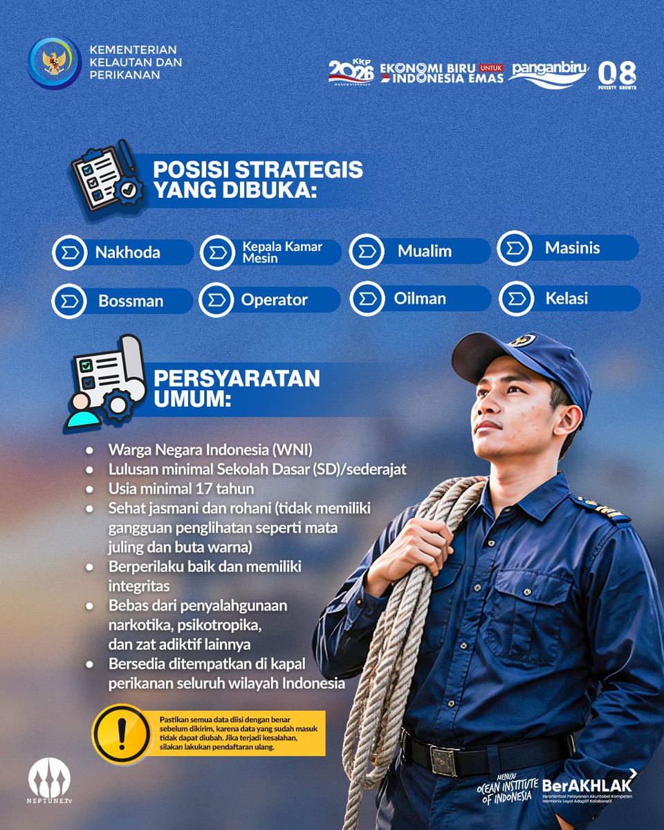 dirtky's tweet photo. Sahabat Bahari, proses seleksi dilakukan secara objektif, transparan, tanpa biaya &amp; jalur khusus, serta tidak melibatkan pihak ketiga.
DAFTAR SEGERA! Hanya melalui web resmi https://t.co/gZdjBxXtiL 
#2026KKPGrowStronger #KKPGOID @kkpgoid @saktitrenggono
#rekrutmenawak8H6BZ https://t.co/Qb1lcb1LVW