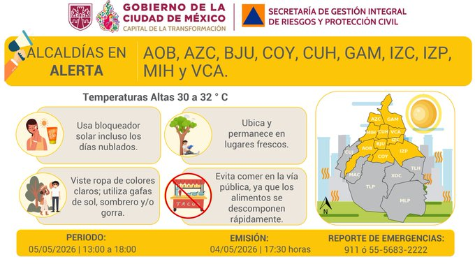 AztecaNoticias's tweet image. Este martes 5 de mayo la #CDMX enfrentará temperaturas extremas

La @SGIRPC_CDMX activó Alerta Amarilla en 10 alcaldías por pronóstico de 30 a 32 °C entre las 13:00 y 18:00 h. 

El lunes 4 de mayo se registró una máxima de 30.5 °C en UAM Xochimilco (Coyoacán). 

Autoridades