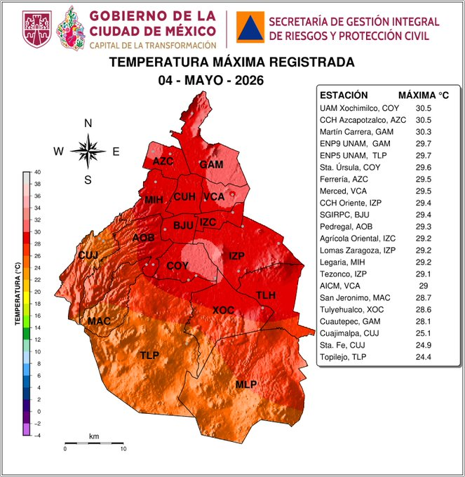 AztecaNoticias's tweet image. Este martes 5 de mayo la #CDMX enfrentará temperaturas extremas

La @SGIRPC_CDMX activó Alerta Amarilla en 10 alcaldías por pronóstico de 30 a 32 °C entre las 13:00 y 18:00 h. 

El lunes 4 de mayo se registró una máxima de 30.5 °C en UAM Xochimilco (Coyoacán). 

Autoridades