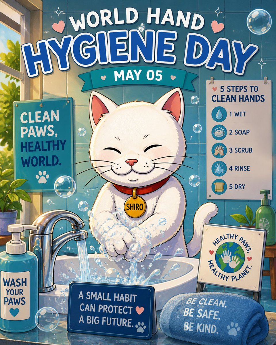 Robsonarceno's tweet photo. Happy World Hand Hygiene Day. 🧼🐱

Today, $SHIRO reminds us that a small habit can protect a big future.
Clean paws.
Healthy world.
Safer community. 💙

#SHIRO #ShiroNeko #WorldHandHygieneDay #CleanHands #HealthyPaws #Health #Community https://t.co/nZaPFwmeL4