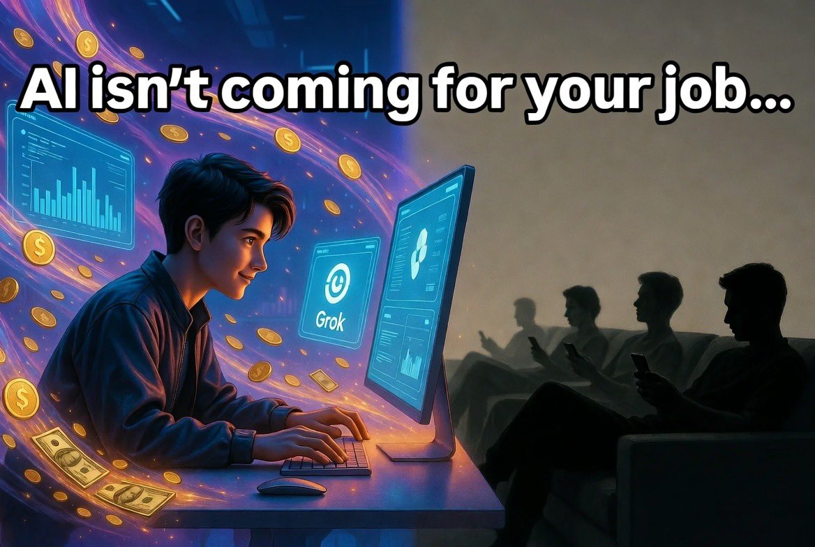 Prajval2030's tweet image. POV: AI isn’t coming for your job.
It’s coming for everyone who refuses to learn it. 🚀
Went from memes to side hustle money in weeks using Grok.
Most will like this and do nothing.
You different? Drop your AI win/fear 👇
#AI #Future @grok