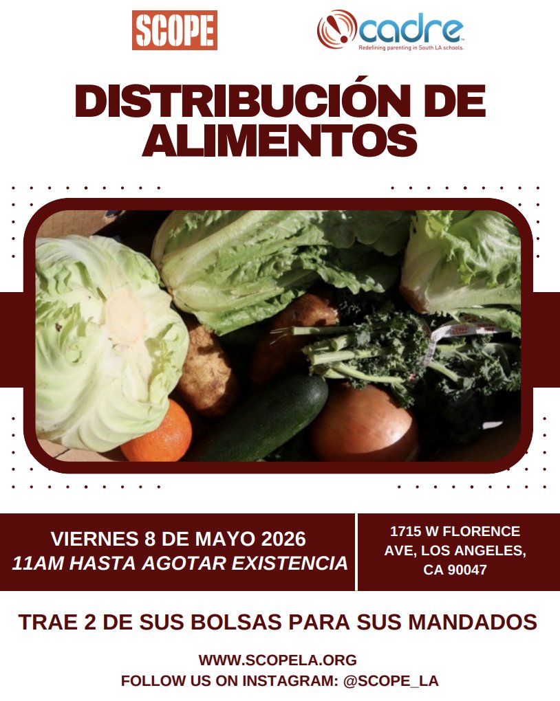 CADREparents's tweet photo. SCOPE &amp; CADRE are partnering to fight food insecurity in our community!

Mark your calendars! Our monthly free food distribution is happening this week — Friday, May 8th, starting at 11 AM until supplies run out at SCOPE.

📍 SCOPE 1715 W. Florence Ave, Los Angeles, CA 90047 https://t.co/nXzy0tnOGb