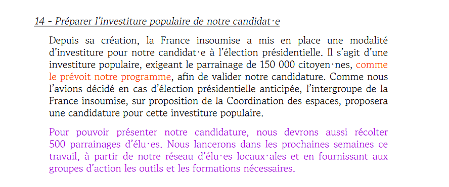 LegrandClint's tweet photo. @julesvisuels @StefPalomba Le texte en rouge provient des remontées des groupes d'actions, le violet des ajouts de l'assemblée représentative. Mais jamais le noir n'est défini, c'est bizarre quand même. Alors que pour le coup, c'est le texte en noir qui décide pratiquement des modalités. https://t.co/6elRT7IiDi