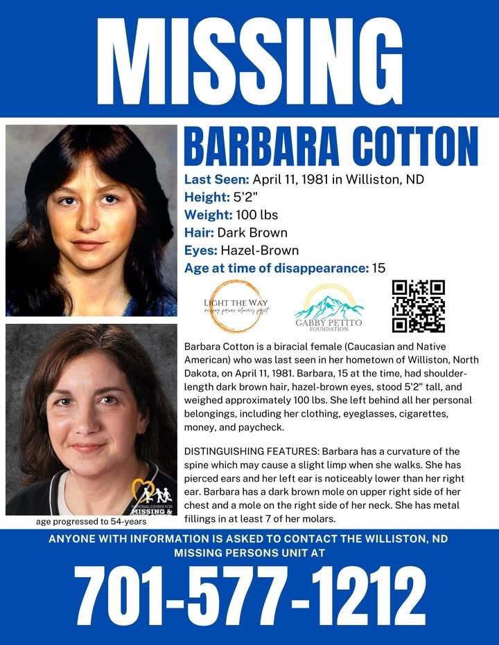 GabbyFind's tweet image. It’s #MissingPosterMonday and we need your help sharing #BarbaraCotton’s flyer to help spread awareness! #NorthDakota #MondayMotivation #Missing #FindBarbCotton