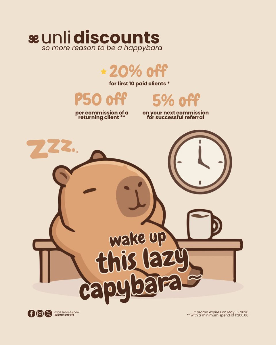 beancecafe's tweet photo. unli discounts | so more reason to be a happybara

discounts? vouchers? price OFFS? we are happy to serve you with budget-friendly rates yet quality outputs!

#studentcommission #academiccommission #researchhelp #creativeservices #commissionsopen https://t.co/6gewMFMHNc