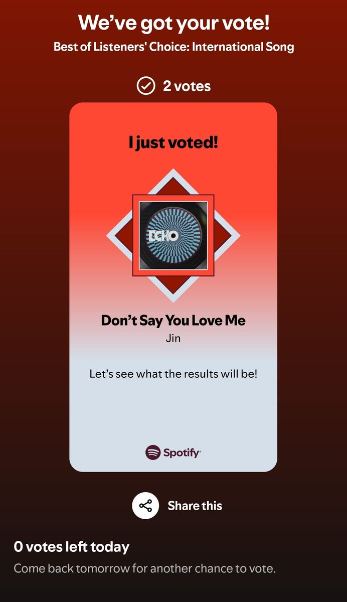 I just voted for Jin on the MUSIC AWARDS JAPAN Best of Listeners' Choice: International Song. 

Open the playlist, click vote, find Jin, enter your two daily votes! Easy-peasy!

open.spotify.com/playlist/37i9d…

#SpotifyxMAJ